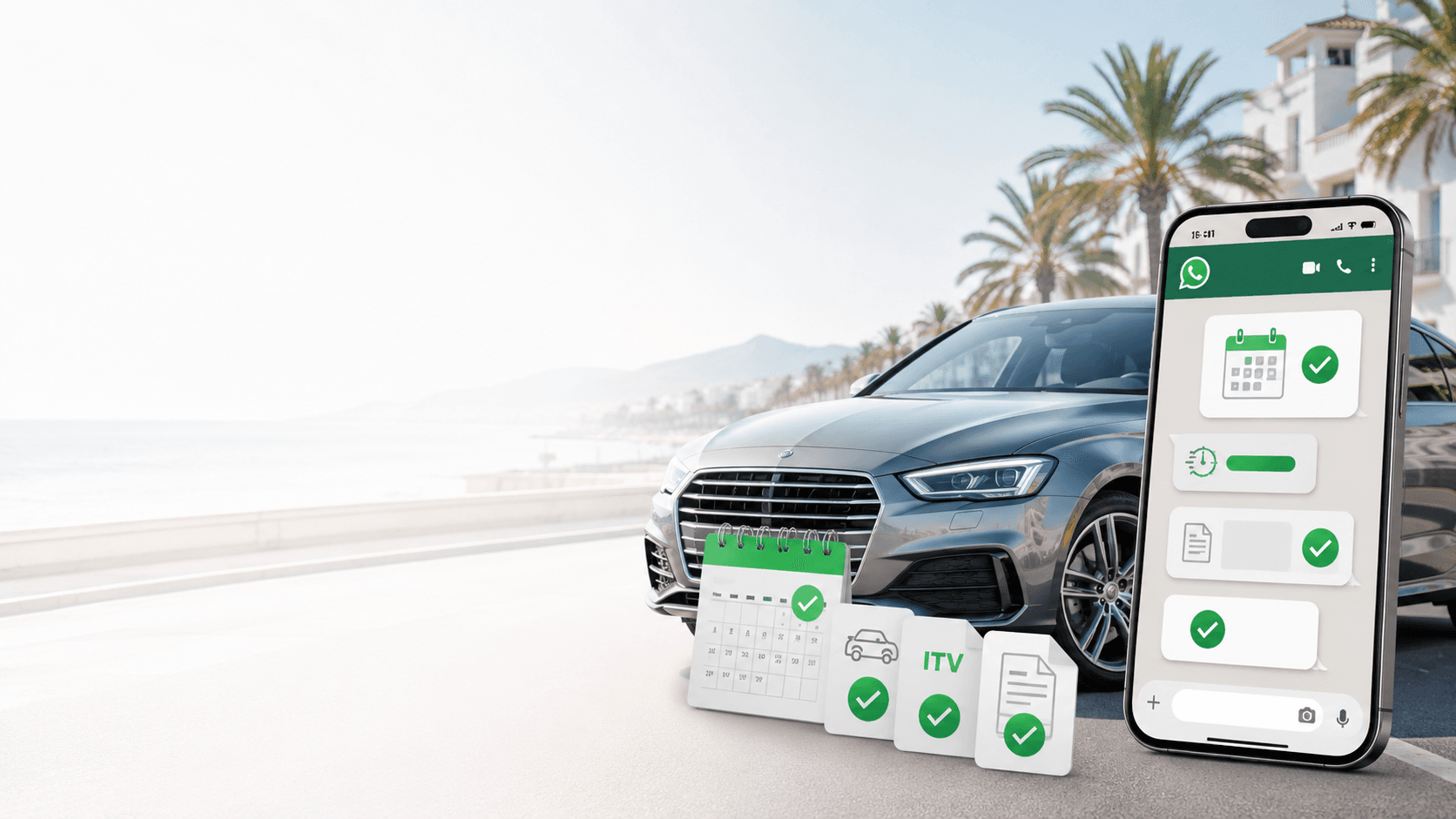 Coche en Estepona junto a un móvil con el chat de WhatsApp gestionando la ITV y los trámites